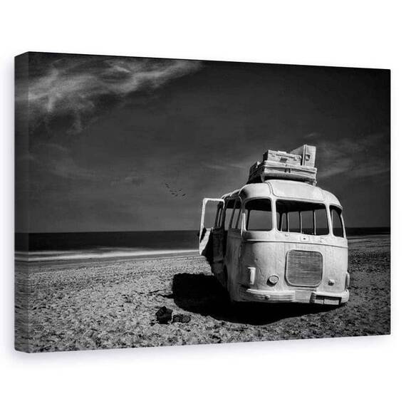 Tablou canvas - Autobuz, Peisaj, Valiza, Nisip, Naufragiat, Marime: 80 x 120 cm - - Roveli