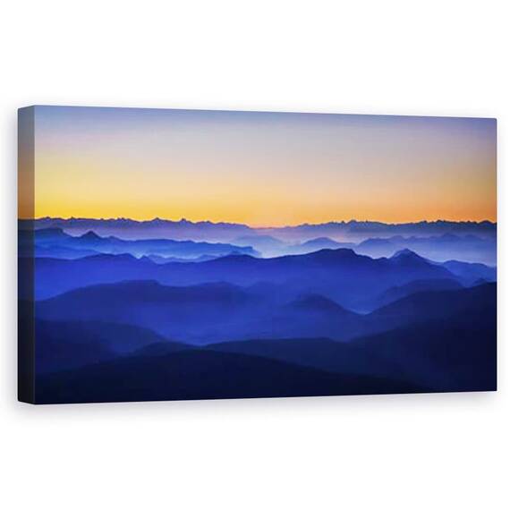 Tablou Canvas - Muntii Misty, Peisaj, Albastru, Seara, Apus De Soare, Ceata, Strat, Marime: 50 x 100 cm - - Roveli