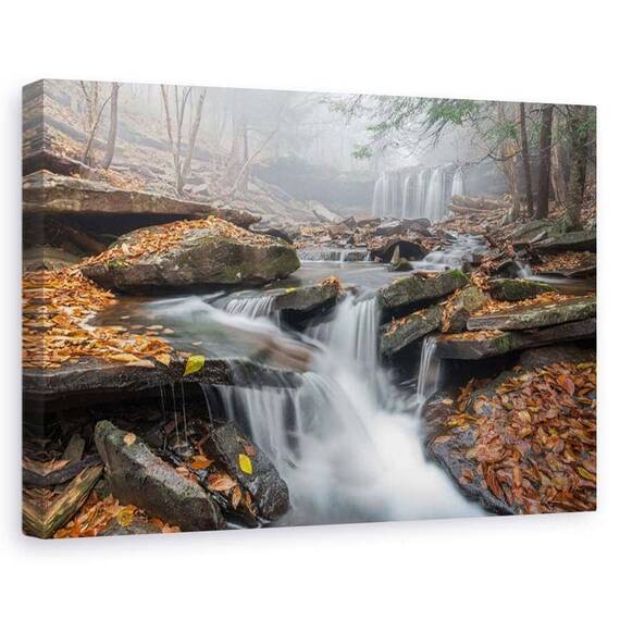Tablou canvas - Ceata matinala, Peisaj, Frunze, Apa, Cascada, Marime: 80 x 120 cm - - Roveli