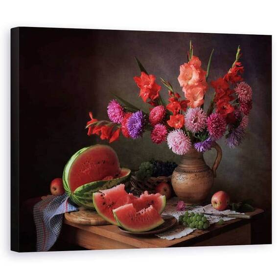 Tablou Canvas - Natura Moarta, Pepene Galben, Fructe, Mar, Vaza, Flori, Vara, Marime: 60 x 75 cm - - Roveli