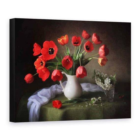 Tablou Canvas - Natura Moarta Colorata 2, Lalele, Vaza, Jar - - Roveli