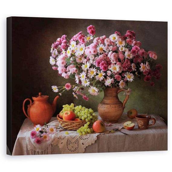 Tablou Canvas - Natura Moarta, Buchet, Floare, Roz, Vaza, Struguri, Cana - - Roveli