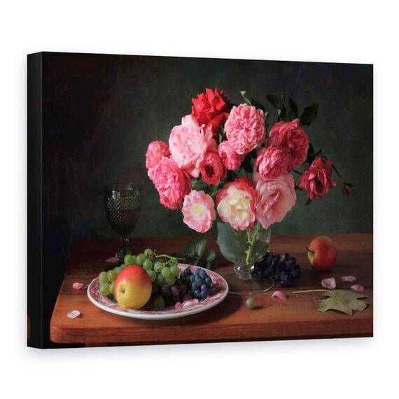 Tablou Canvas - Natura Moarta Cu Un Buchet De Trandafiri si Fructe, Fructe, Marime: 75 x 100 cm - - Roveli