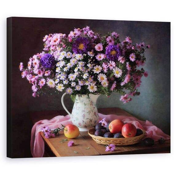 Tablou Canvas - Natura Moarta Cu Un Buchet De Crizanteme Si Fructe, Struguri, Marime: 60 x 75 cm - - Roveli