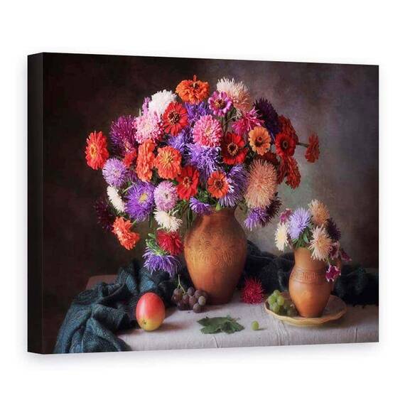 Tablou Canvas - Natura Moarta  Cu Un Buchet De Asteri si Zinnia, Marime: 75 x 100 cm - - Roveli