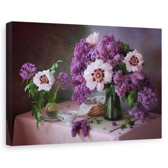 Tablou canvas - Natura moarta cu liliac si bujori, Violet, Flori - - Roveli