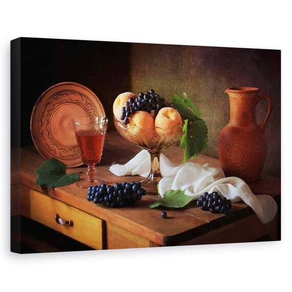 Tablou canvas - Natura moarta cu piersici si struguri, Farfurie, Bautura - - Roveli