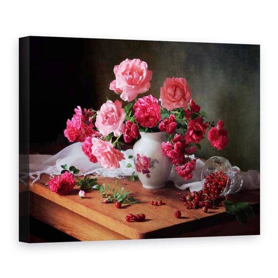 Tablou Canvas - Natura Moarta Cu Trandafiri si Fructe De Padure, Marime: 75 x 100 cm - - Roveli