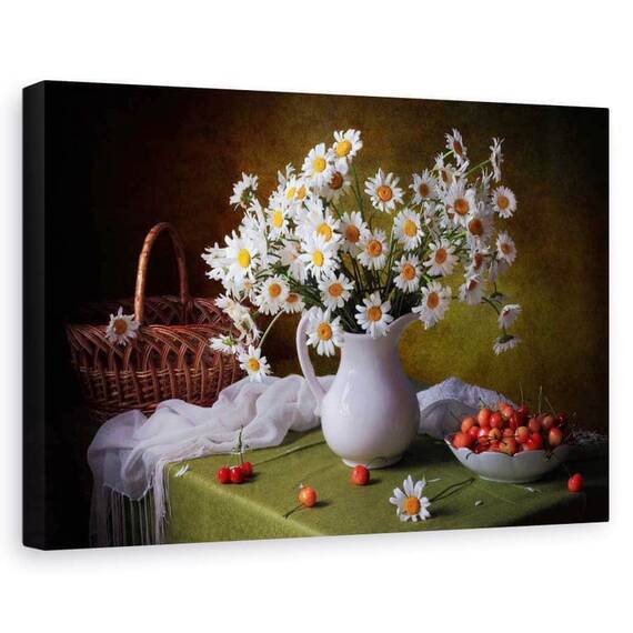 Tablou canvas - Natura moarta cu musetel, Margareta, Flori, Cirese - - Roveli