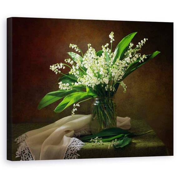 Tablou Canvas - Cu Un Buchet De Crini Din Vale, Floare, Dantela, Natura Statica, Vaza, Marime: 60 x 75 cm - - Roveli