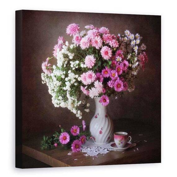 Tablou Canvas - Un Buchet De Crizanteme, Roz, Vaza, Cana, Ceai, Cafea, Marime: 90 x 90 cm - - Roveli