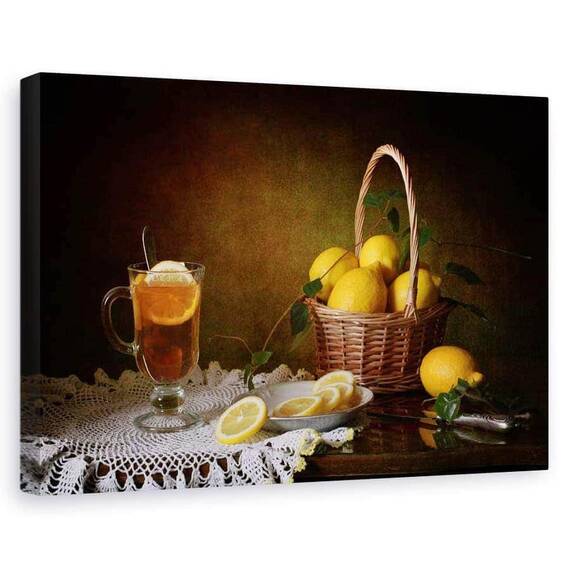 Tablou canvas - Natura moarta cu lamai, Ceai, Cana, Sticla - - Roveli