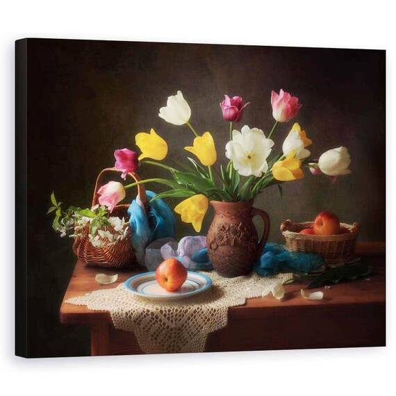 Tablou Canvas - Natura Moarta De Primavara, Vaza, Mere, Cos Cu Fructe - - Roveli