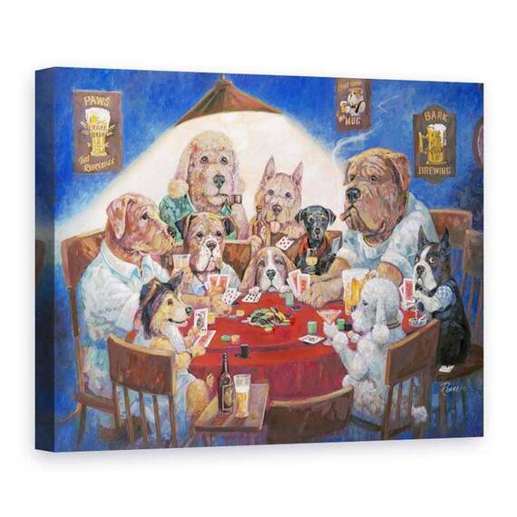 Tablou canvas - Animale, Caini, Societate, Carti De Joc, Pictura, Marime: 75 x 100 cm - - Roveli