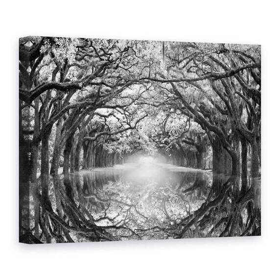 Tablou canvas - Natura, Peisaj, Padure, Alb-Negru, Lac, Reflectie, Pictura, Marime: 75 x 100 cm - - Roveli