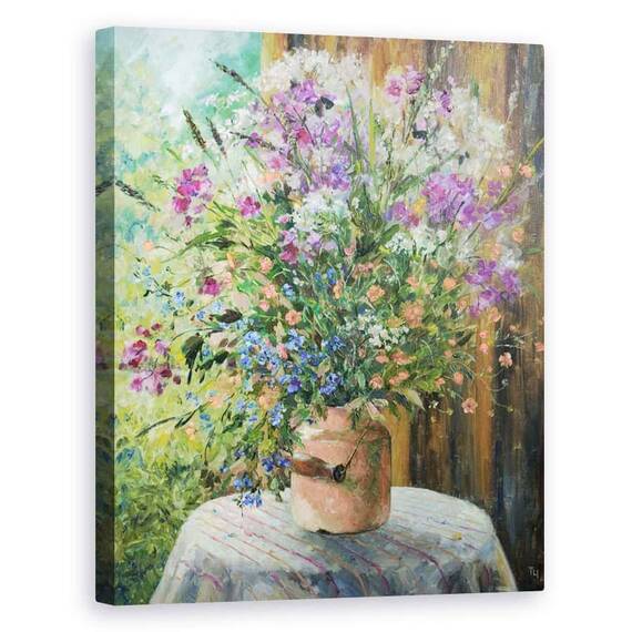 Tablou canvas - Flori, Natura Moarta, Buchet, Flori Salbatice, Albastru-Violet, Pictura, Marime: 60 x 75 cm - - Roveli