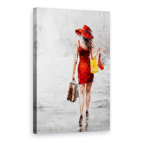 Tablou Canvas - Oameni, Femeie, Rochie Rosie, Genti, Pictura, Marime: 80 x 120 cm - - Roveli