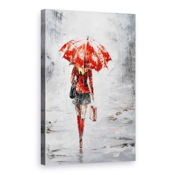 Tablou Canvas - Oameni, Femeie, Rochie Rosie, Ploaie, Pictura - - Roveli