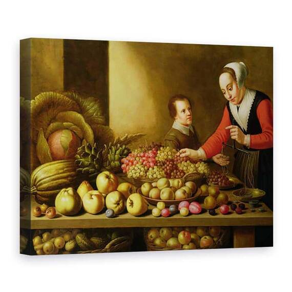 Tablou Canvas - Floris van Schooten - Fata de vanzare struguri de la o masa mare incarcat cu fructe si legume - - Roveli