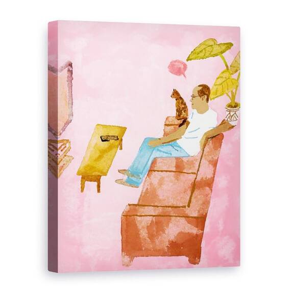 Tablou Canvas - Hiroyuki Izutsu - Un om ma uit la TV cu o pisica_2016_ - - Roveli