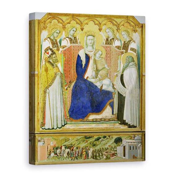 Tablou Canvas - Pietro Lorenzetti - Altarul Carmine, panou central reprezentand Fecioara si Pruncul cu ingeri, Sfantul Nicolae si profetul, Ilie - - Roveli