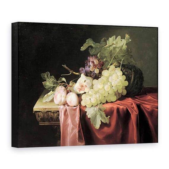 Tablou Canvas - Willem van Aelst - O viata statica cu struguri, prune, smochine si un pepene galben pe o margine de piatra partial drapata - - Roveli