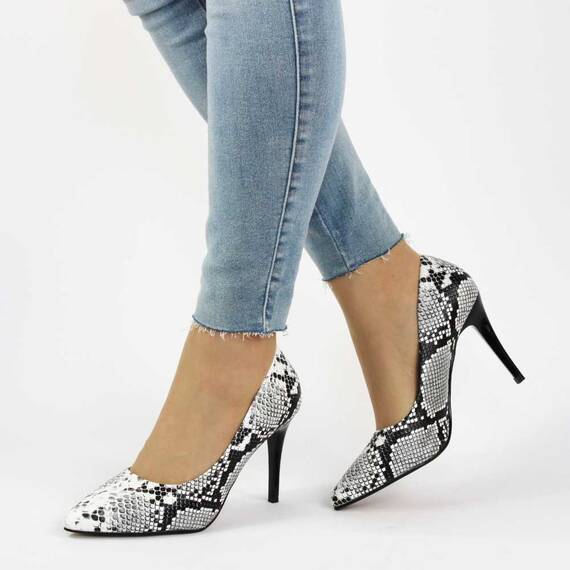 Pantofi de dama stiletto , imitatie piele de sarpe 608-25-BLACK, Marime (12): 37 - - Roveli