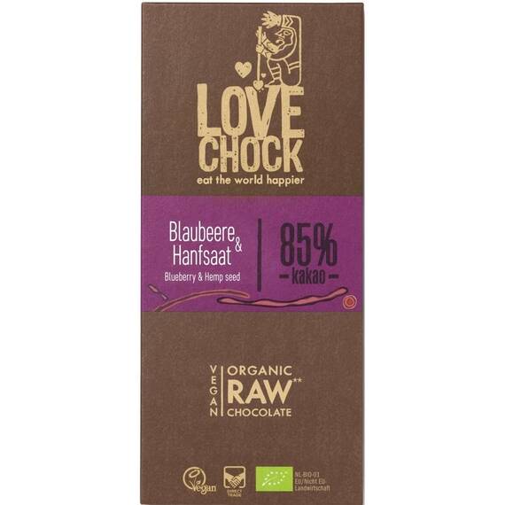 Ciocolata RAW VEGANA cu afine si seminte de canepa 70g Lovechock - - Roveli