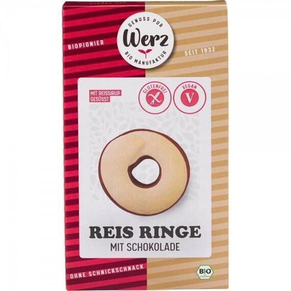 Biscuiti din orez integral cu glazura de ciocolata FARA GLUTEN 110g Werz - - Roveli