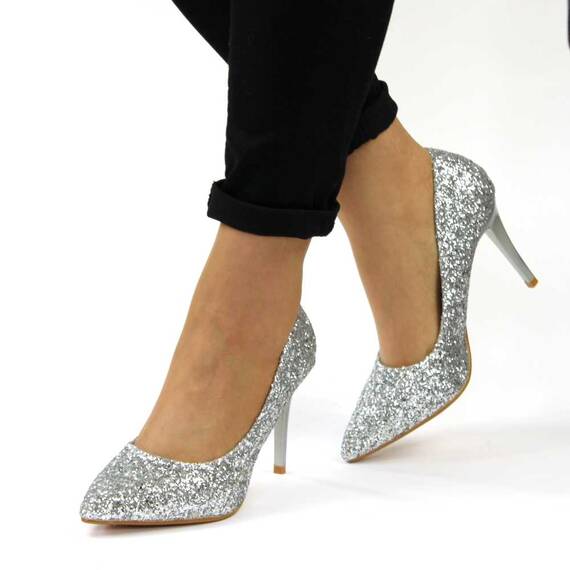 ​Pantofi stiletto de dama, decorati cu glitter argintiu 608-1-SILVER, Culoare (12): Argintiu, Marime (12): 35* - - Roveli