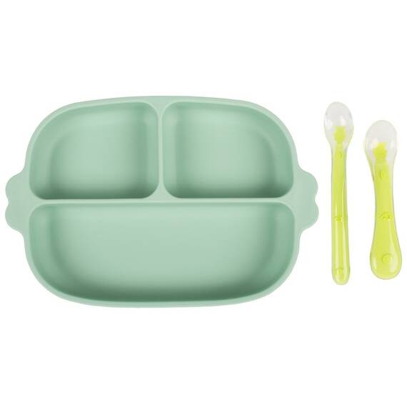 Set hranire bebe din silicon, 1 farfurie compartimentata cu ventuza, 2 lingurite marimi diferite, fara BPA, verde, KidsCare - - Roveli