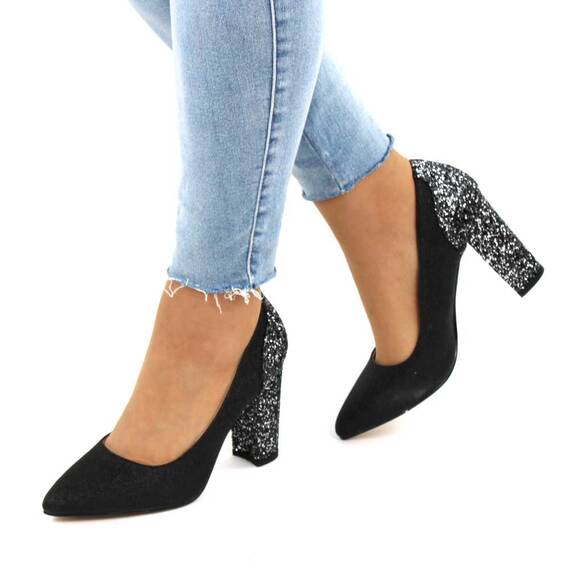 Pantofi dama eleganti cu toc gros, negri B608-2-BLK-GUN, Culoare (12): Negru, Gri, Marime (12): 35 - - Roveli