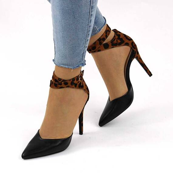 Pantofi de dama stiletto, cu barete pe glezna animal print 8384-BLACK, Culoare (12): Negru, Animal print, Marime (12): 39** - - Roveli