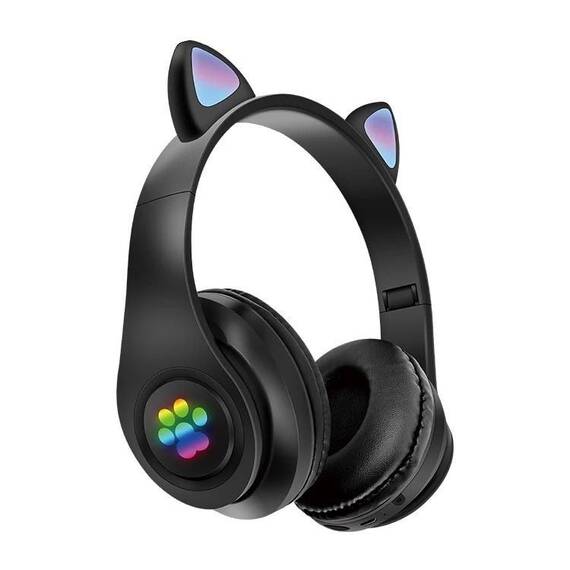 Casti CAT cu lumini colorate, Bluetooth 5.0, microfon si card micro-sd : Culoare - galben, Culoare (tm): negru - - Roveli
