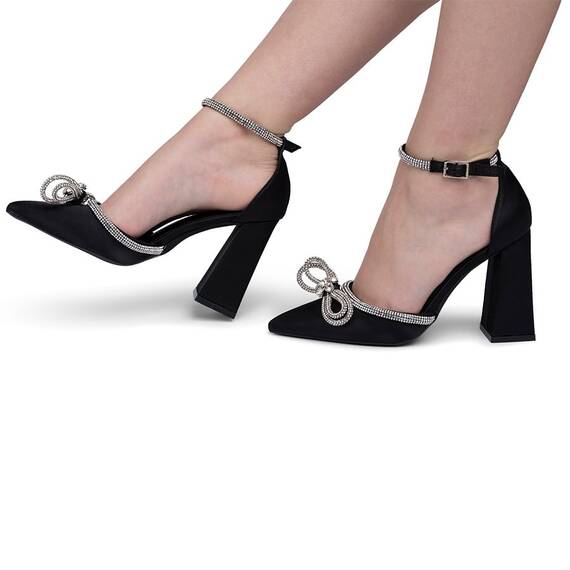 Pantofi dama cu toc patrat si brosa cu pietre din satin Negri Dover, Culoare (12): Negru, Marime (12): 36 - 4- Roveli