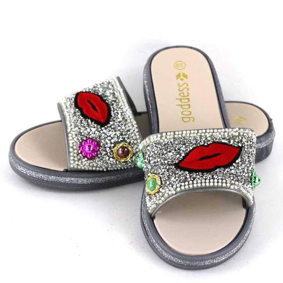 ​Papuci de dama decorati cu pietre 895-LIPS-SILVER, Culoare (12): Argintiu, Rosu, Marime (12): 37 - - Roveli