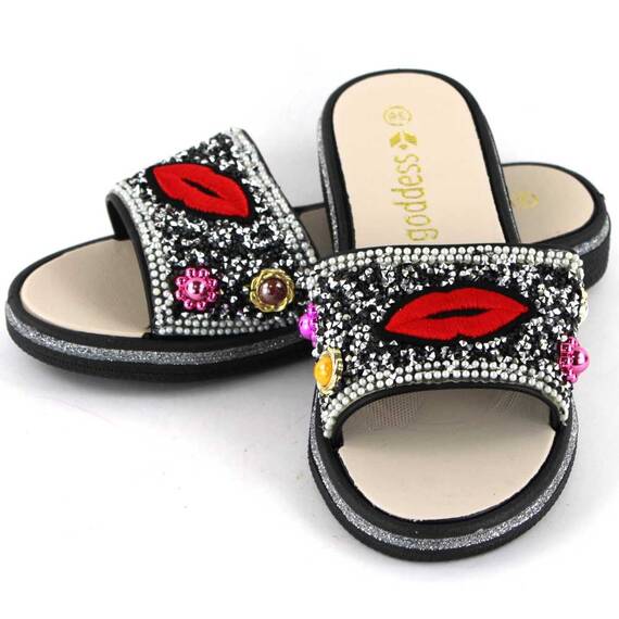 Papuci de dama decorati cu pietre 895-LIPS-BLACK​, Culoare (12): Argintiu, Negru, Rosu, Marime (12): 37 - - Roveli