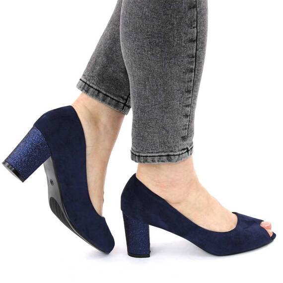 Pantofi de dama, eleganti, decupati in varf, cu toc decorat cu glitter H32-DK.BLUE, Culoare (12): Bleumarin, Marime (12): 36 - - Roveli