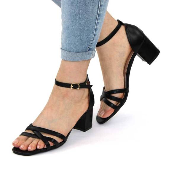 ​Sandale de dama cu barete subtiri si toc mediu gros 980-21-BLACK, Culoare (12): Negru, Marime (12): 36** - - Roveli