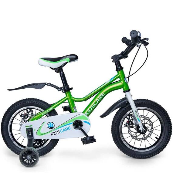 Bicicleta pentru copii 2-4 ani HappyCycles KidsCare, roti 12 inch, cu roti ajutatoare si frane pe disc, verde - - Roveli