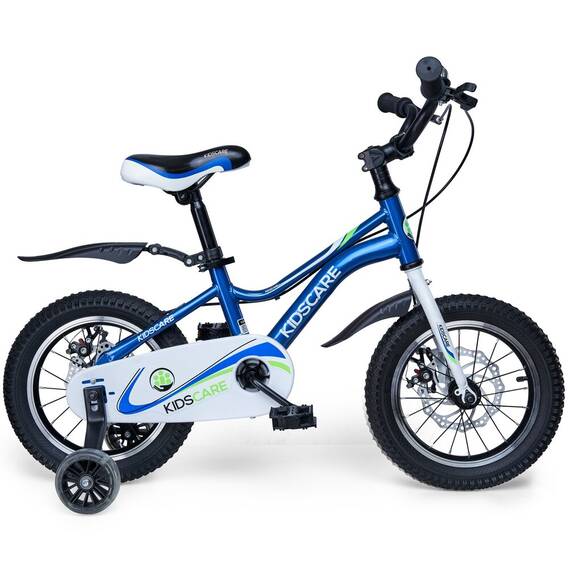 Bicicleta pentru copii 5-8 ani HappyCycles KidsCare, roti 16 inch, cu roti ajutatoare si frane pe disc, albastru - - Roveli