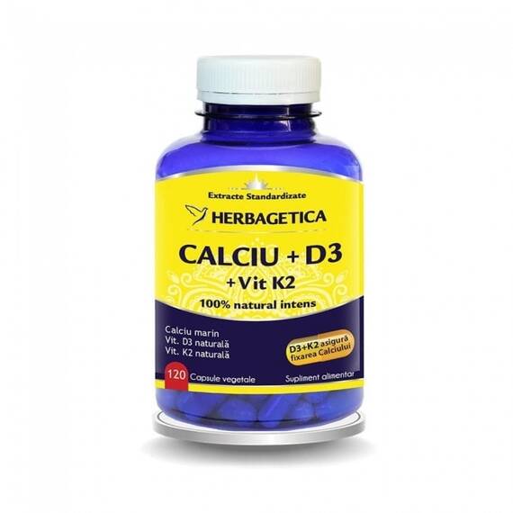 Calciu + D3 cu Vitamina K2 120 capsule Herbagetica - - Roveli