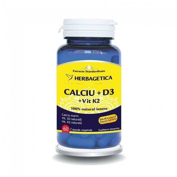 Calciu + D3 cu Vitamina K2 60 capsule Herbagetica - - Roveli