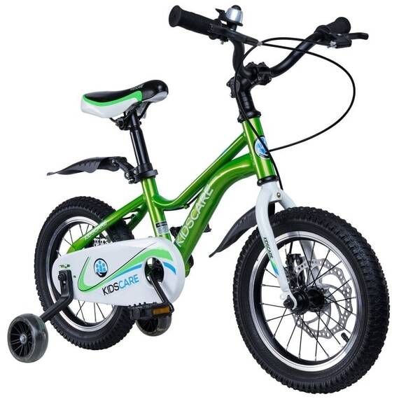 Bicicleta pentru copii 2-4 ani HappyCycles KidsCare, roti 12 inch, cu roti ajutatoare si frane pe disc, verde - 2- Roveli