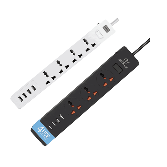 Prelungitor cu 3 prize si 4USB, E299, alb/negru - - Roveli