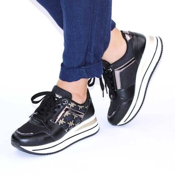 Sneakers casual de dama, cu platforma si insertii aurii 28706-BLACK, Culoare (12): Alb, Negru, Auriu, Bronz, Marime (12): 38* - 2- Roveli