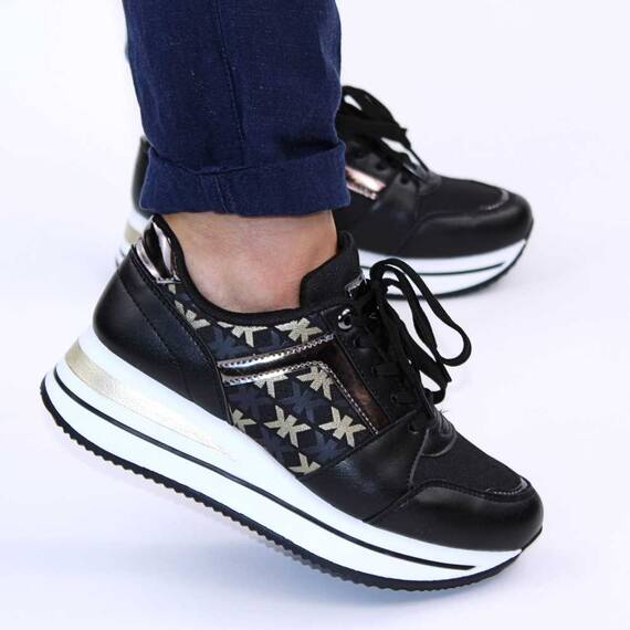Sneakers casual de dama, cu platforma si insertii aurii 28706-BLACK, Culoare (12): Alb, Negru, Auriu, Bronz, Marime (12): 38* - - Roveli