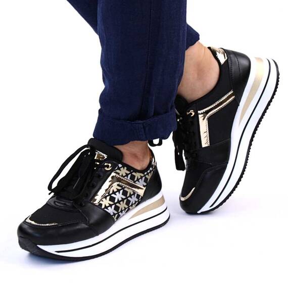 ​Sneakers casual de dama, cu platforma si insertii aurii 28706-BLACK/GOLD, Culoare (12): Alb, Negru + Gold, Marime (12): 38* - 3- Roveli