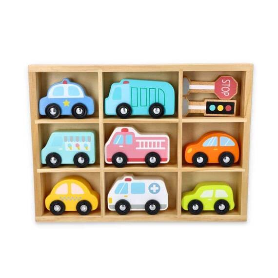 Set de 8 masinute din lemn pentru copii si semne de circulatie Lelin L10328 - - Roveli