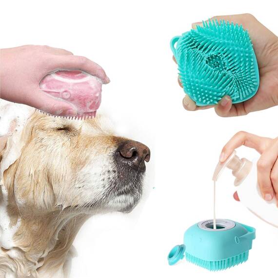 Perie din silicon cu dozator de sampon pentru spalare caini sau pisici, 7,5 x 7,5 cm, culoare albastra - - Roveli